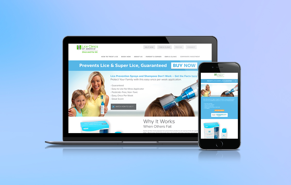 A landing page for Lice Clinics of America featuring their Lice Preventer Kit
